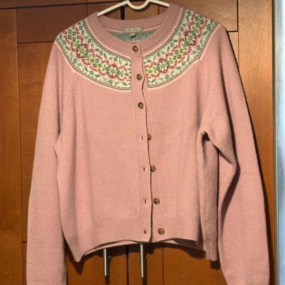 J Crew Classic Fair Isle cardigan in vintage lambs wool Sz L $159 - Picture 2 of 11